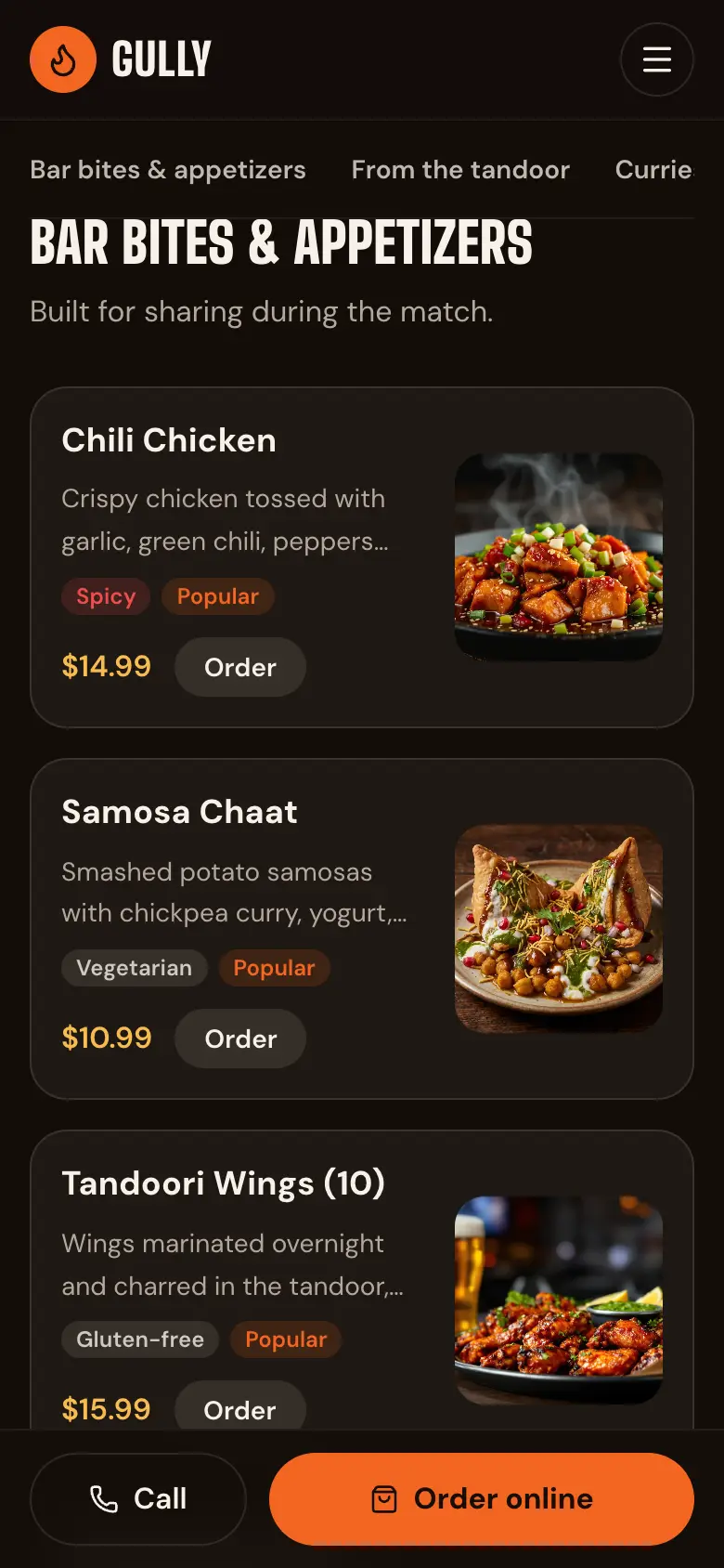 The restaurant's menu on a phone